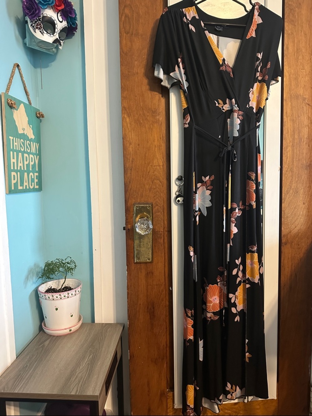 French Connection Black Maxi Dress with Orange and Cream Floral Print